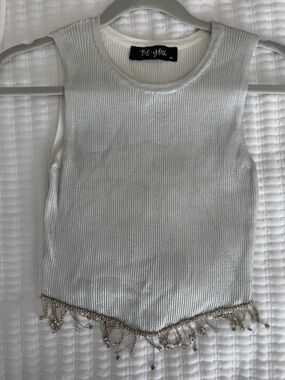 Silver Metallic Ribbed Tank with Beaded Fringe